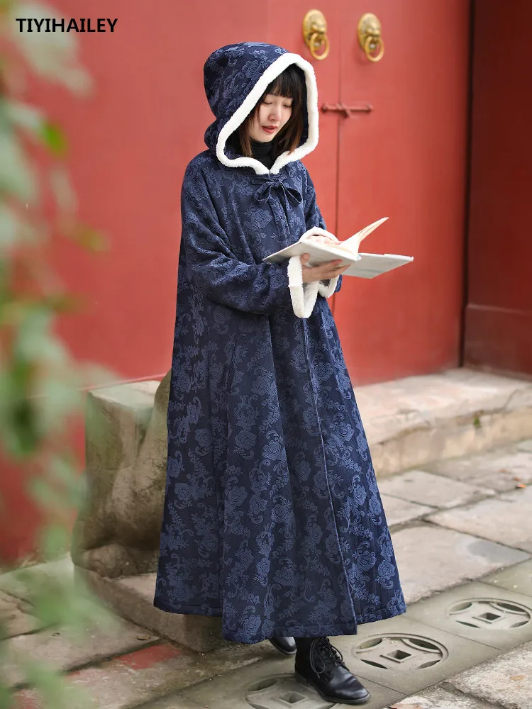 TIYIHAILEY Free Shipping Cotton Linen Fleece Inside Thick Warm Cloak Winter Outerwear Hooded Loose Long Maxi Blue Witch Cardigan