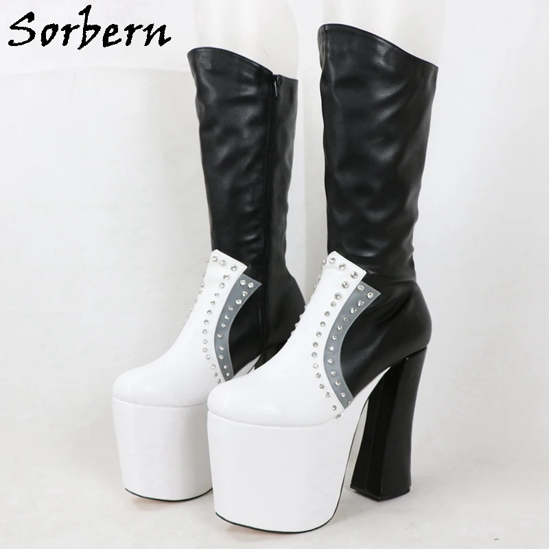 Sorbern Designer Women Boots Block High Heel Ladies Runway Boots Custom Multi Colors Platform Crystals Rivets Sissy Boy Boot