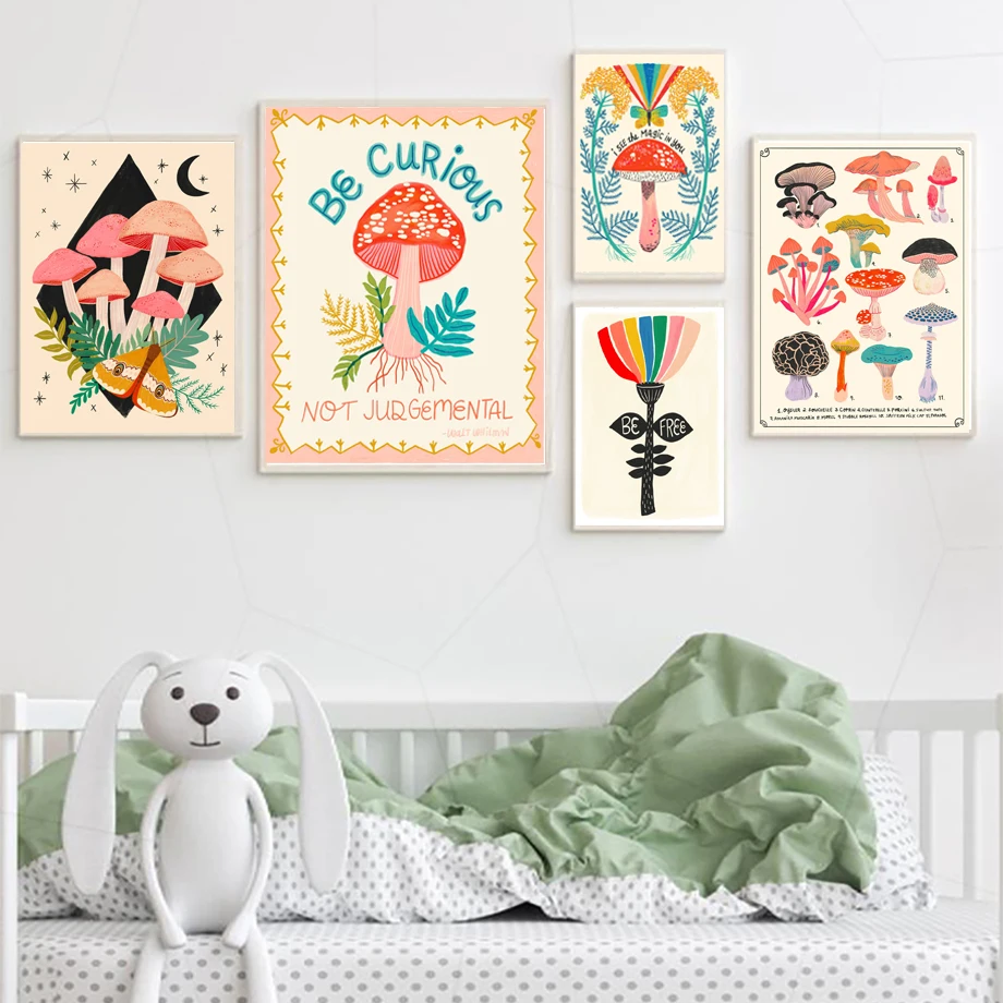 Mushroom Specie Posters Moth Wall Art Canvas Painting Be Curious Nursey Picture For Kid'sroom Inspirational OfficeHome Decor