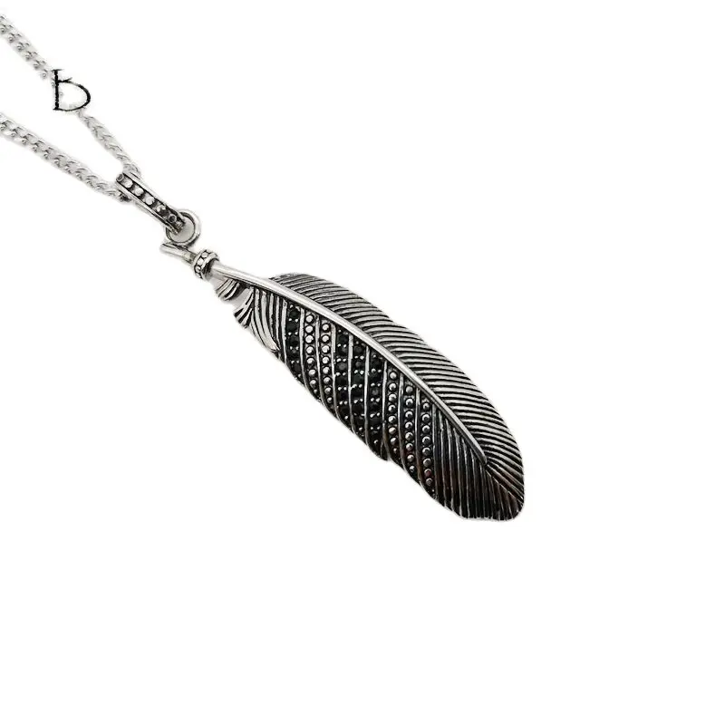 

Black Knight Vintage silver color Black CZ stones Feather pendant necklace Stainless steel mens chic feather necklace BLKN0779