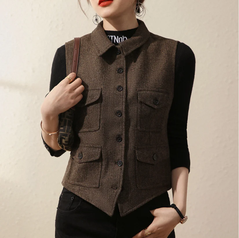 Dames Herringbone Tweed Vest Slim Fit Business Jack Dames Mouwloos Retro Vest Жилетка Женская