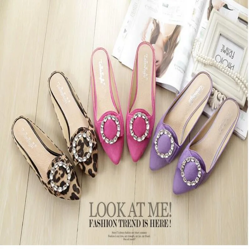 Taomengsi Women's Shoes Casual Diamond Leopard Sandals Baotou Lazy Slippers Pointed Wrapping Purple Color Flat Shoes
