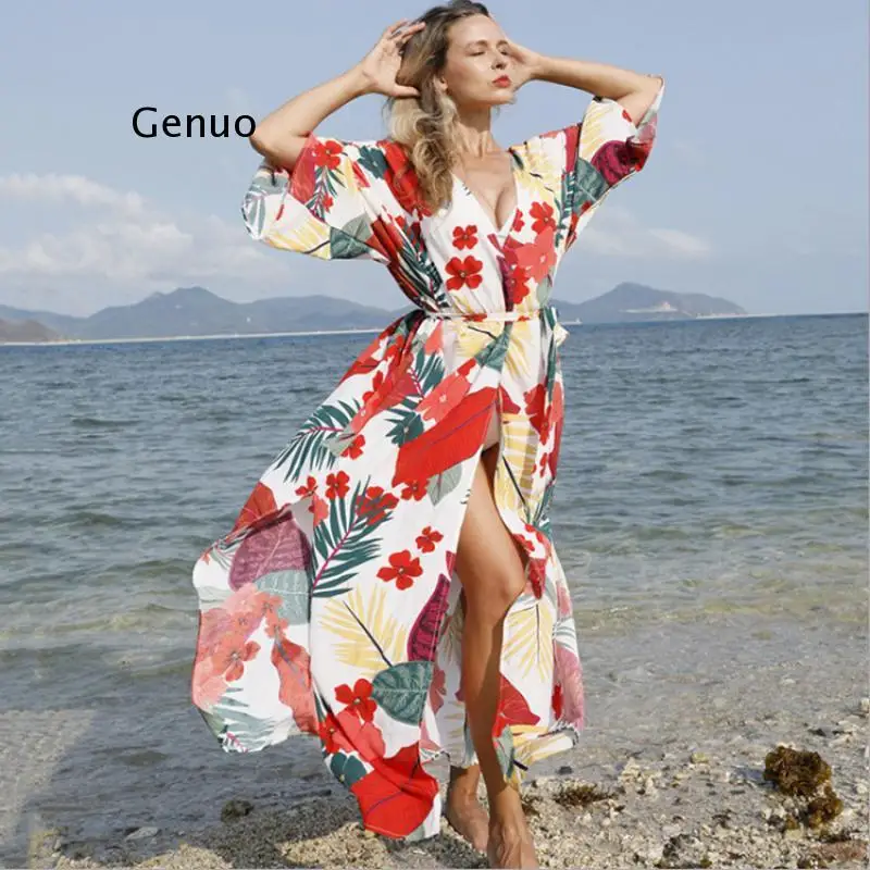 Flower Print Beach Kimono Swimwear Summer Split Slim Sexy Cover-Up with Sashes Holiday Boho Long Cardigan Women New