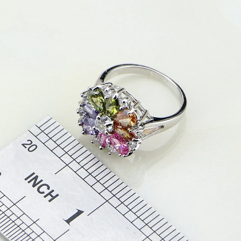 925 Silver Jewelry Flower Multi-color stones Jewelry Sets For Women Wedding Earrings/Pendant/Necklace/Rings
