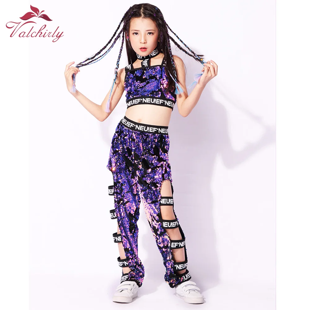 

NEW Girls Purple Hiphop Sequins Jazz Dance Costumes Kids Performance Stage Outfit