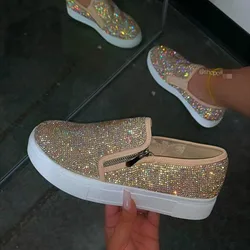 Women Bling Flats Sequins Crystal Studded Slip On Lazy Loafer Flat Round Toe Rhinestone Shoes 2020 Fashion Female Sneakers 8bv