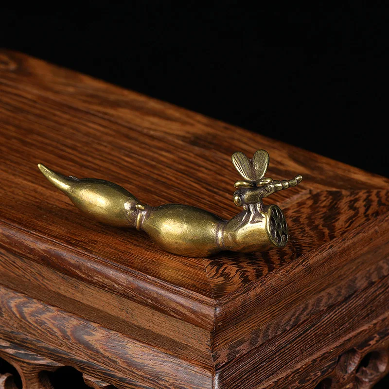 Pure Brass Copper Dragonfly Lotus Root Pen Holder Figurines Office Desk Small Ornaments Decor Antique Calligraphy Pen Holder