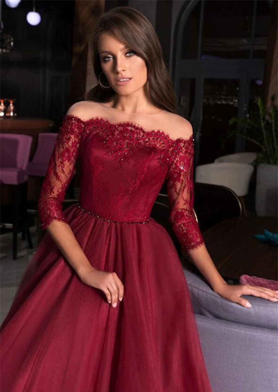 Bourgogne Sheer NeckTulle Nửa Tay Váy Đầm Dạ 2021 Ren Táo Đính Hạt Càn Quét Tàu Chính Thức Bầu Vestidos De Fiesta