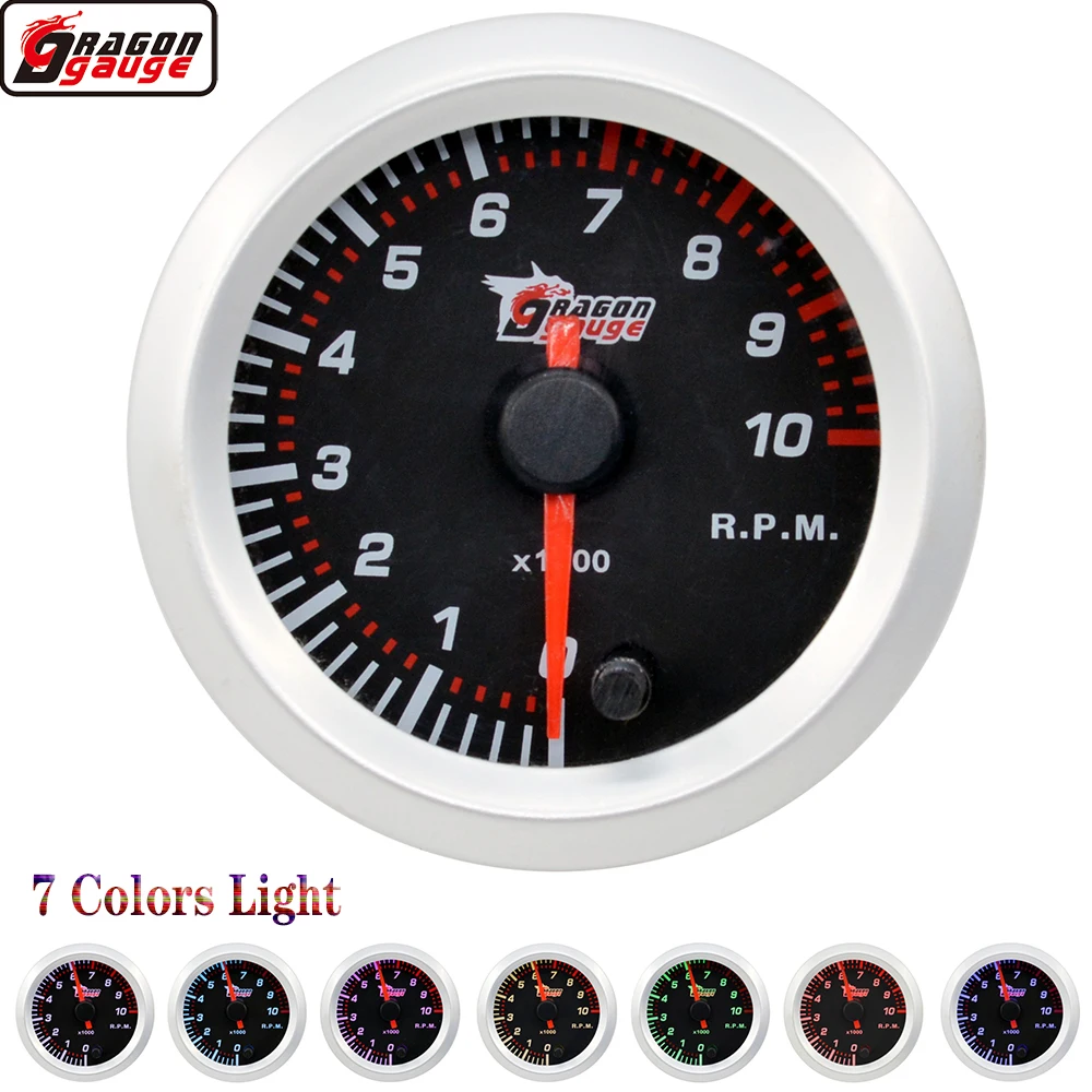 Dragon 52mm 7 Colors Light Stepper Ｍotor Gasoline Engine Auto Tacho Car Tachometer Gauge Pointer 10000 RPM Meter