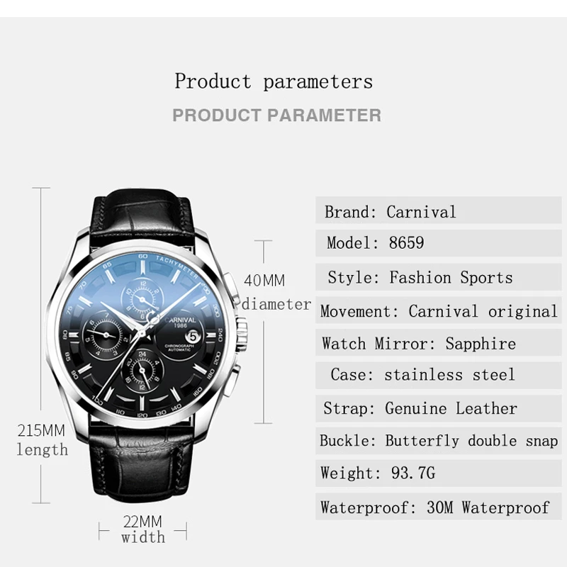 Carnival Brand Fashion Mechanical Watch for Men Leather Strap Waterproof Multifunction 24 Hour Business Mens Automatic Watches