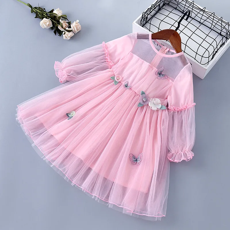 2-7 Years High Quality Spring Autumn Girl Dress New Lace Chiffon Floral Draped Ruched Kid Children Clothing Girl Princess Dress