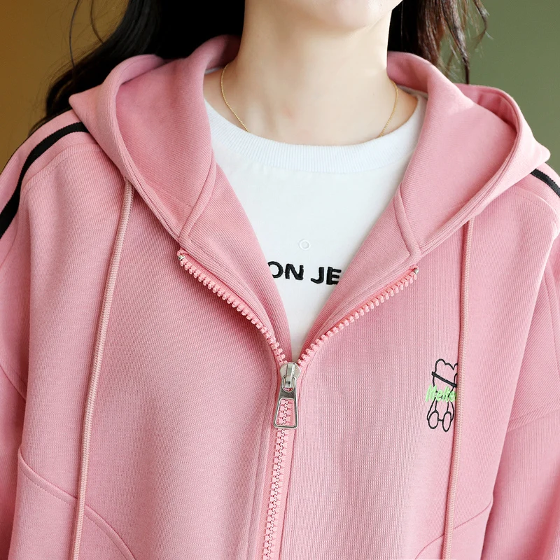 Women's Hooded Outerwear, Pink Loose Tops, Leisure Knitting Outside Coat,Spring and Autumn