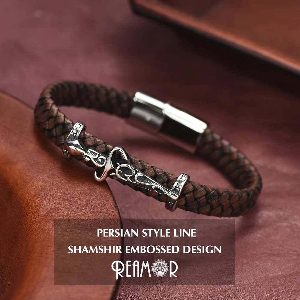 REAMOR Luxury Zircon Persian Courage Sword Knot Spiral Stainless Steel Magnetic Clasp Brown Cowhide Leather Men Women Bracelets