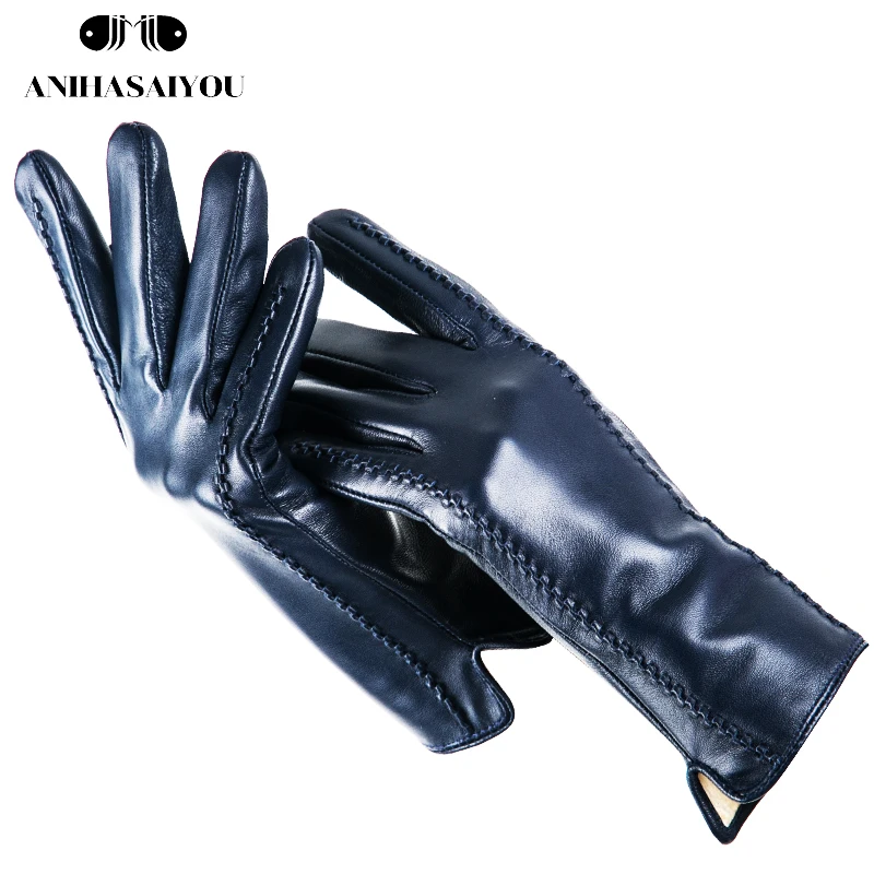 Guantes de cuero a rayas para mujer, manoplas de piel de oveja de color, a la moda, invierno, 2224