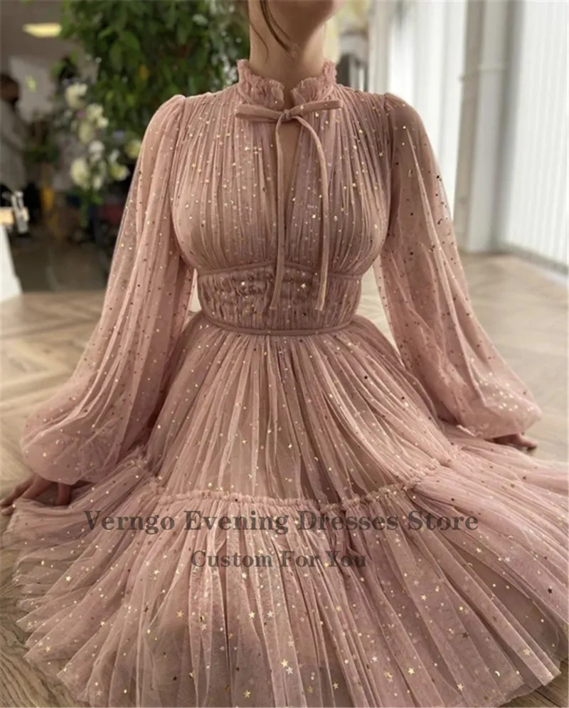 Verngo Pastel Pink Starry Tulle Short Prom Dresses Long Sleeves High Neck Formal Party Gowns Glitter Homecoming Dress Customized