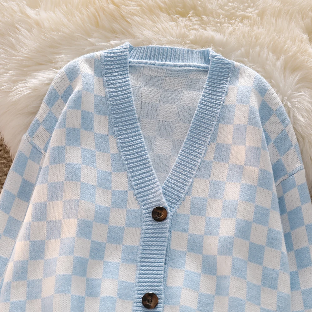 Blue Chessboard Plaid Knitted Cardigan Sweater Women\'s Winter Warm Button Knitted Coat Sweater Jumpers Outerwear Cardigan Top