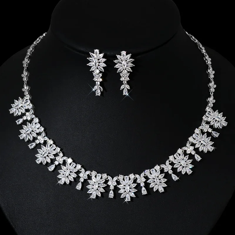 

HIBRIDE Romantic 2PCS Leaf Design Statement Jewelry Set For Women Wedding Party Full Zircon Dubai Bridal jewelry Set 2021 N-191