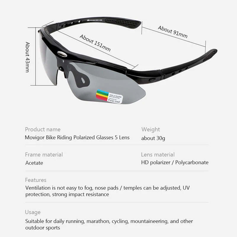 MOVIGOR Polarized Cycling Glasses Sports Men\'s Sunglasses Road Mountain Bicycle Riding Protection Goggles Eyewear Women 5 Lens