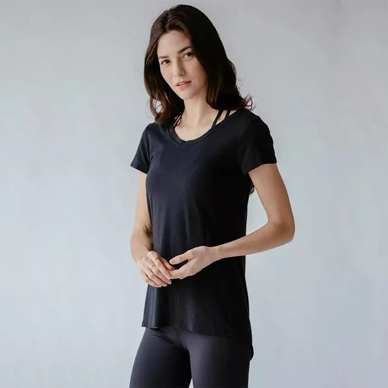 Fitness Shirts For Women Backless Irregular Hem Modal Breathable Slim Yoga Pilates Jogging Gym Short Sleeve Workout Shirt Blouse