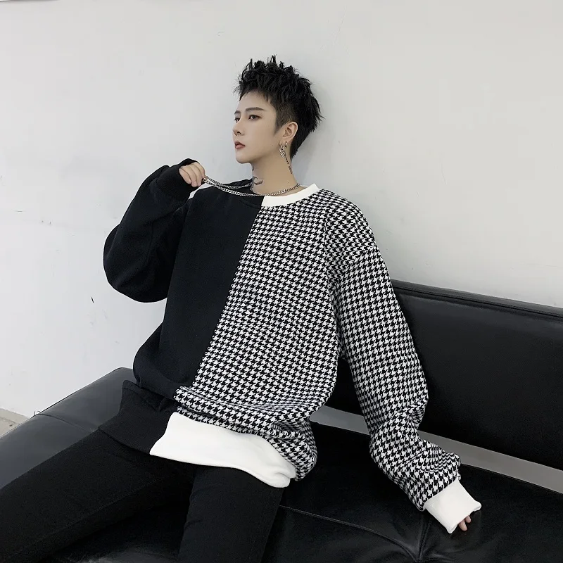 Spring new dark INS personality Houndstooth black-and-white stitching men's loose hip-hop Hoodie jacket