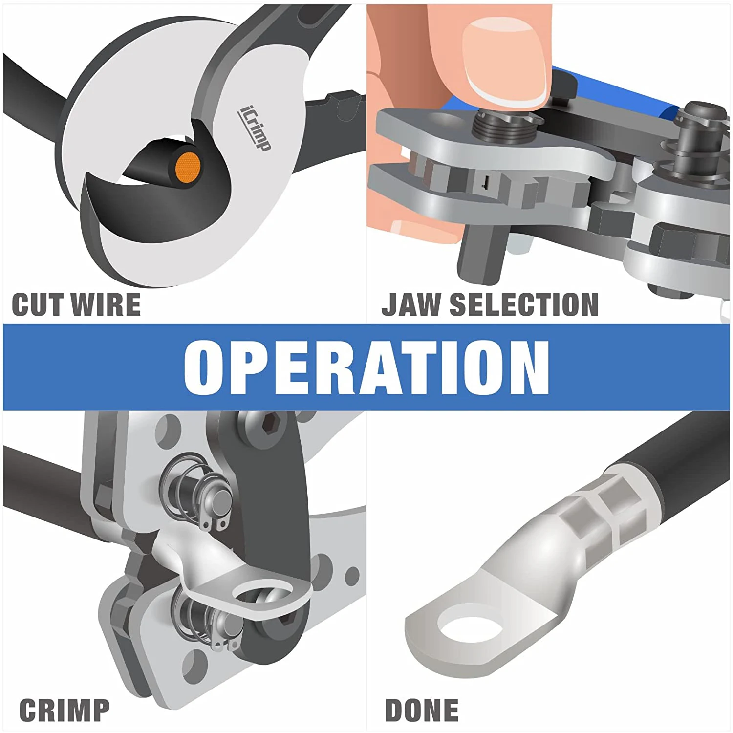 IWISS HX-50BI Battery Cable Lug Crimping Tool from AWG 8- 1/0 with Cable Cutter Pliers Hand Tools Crimp Flat Nose Carbon Steel