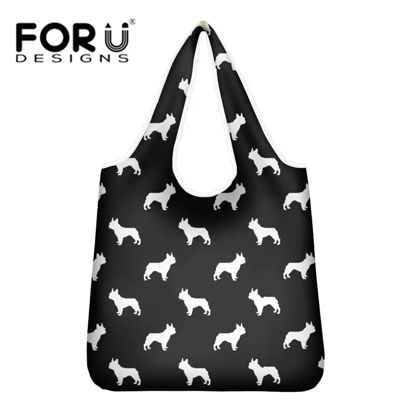 FORUDESIHNS French Bulldog Reusable Folding Shopping Bags Black Large Size Eco Portable Shoulder Handbag for Travel Grocery Bags