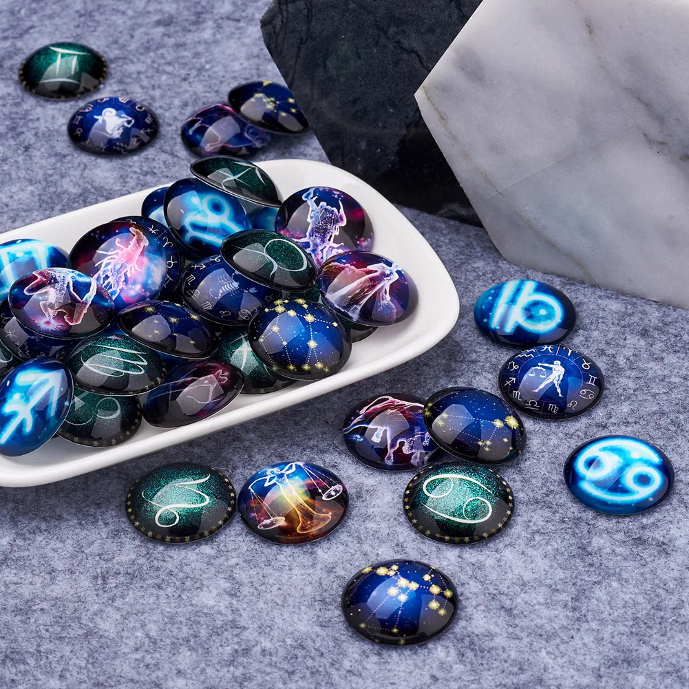 60pcs/lot 25mm Half Round 12 Constellations Glass Cabochons Cameo Zodiac Sign Pendant Jewelry Making Birthday Gift