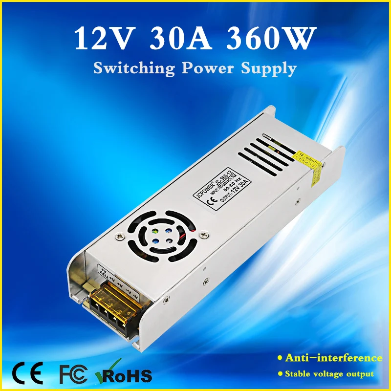 Mini 12V Power Supply AC 220V to DC 12V 30A Led Drver Lighting Transformer 360W Adapter For LED Strip Monitoring Equipment