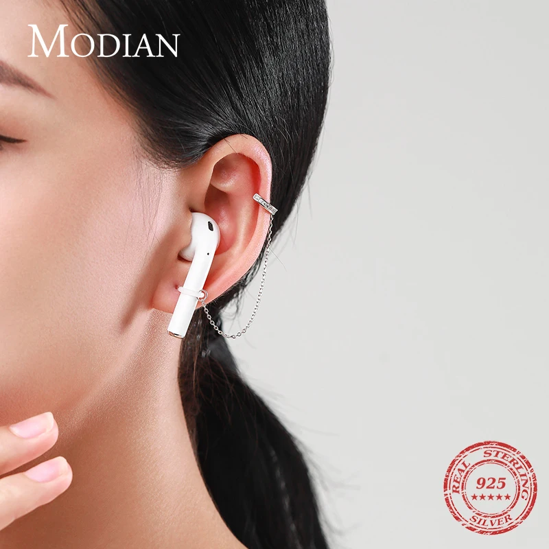 Modian 925 Sterling Silver Prevent Loss Earphone Clip Earrings Trendy Rubber Fixed Headset Cuff Earrings For Women Jewelry