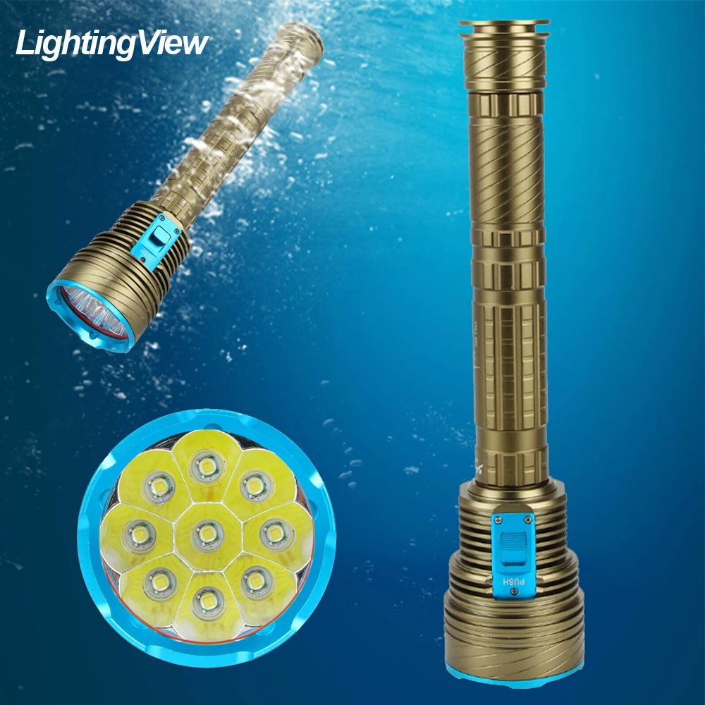 New Powerful Waterproof Scuba Diving Flashlight 9xXM-L2 Yellow/White Light 8000LM Underwater Tactical Dive Torch 26650 Battery