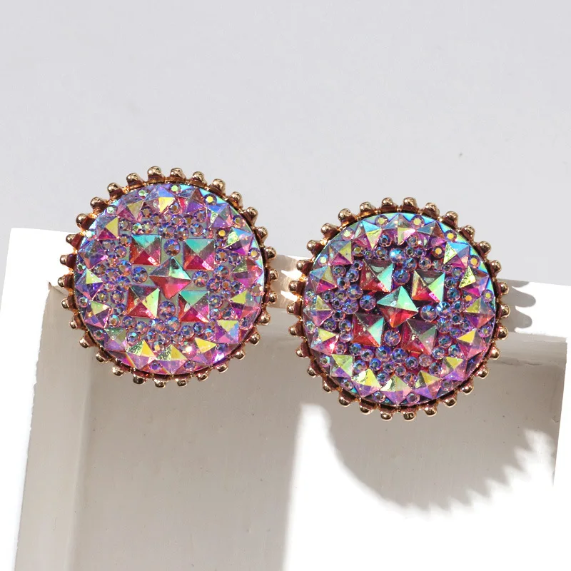 2021 New Vintage Square Pave AB Crystal Jewelry Multicolor Roung Stud Earring for Women