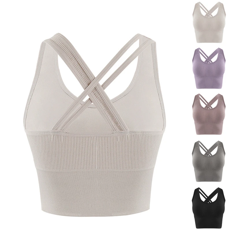 

Women Sports Bra Tank Crop Top Yoga Cross-Back Underwear Gathered Female Running Anti-Sweat Vest Removable Padded Camisole