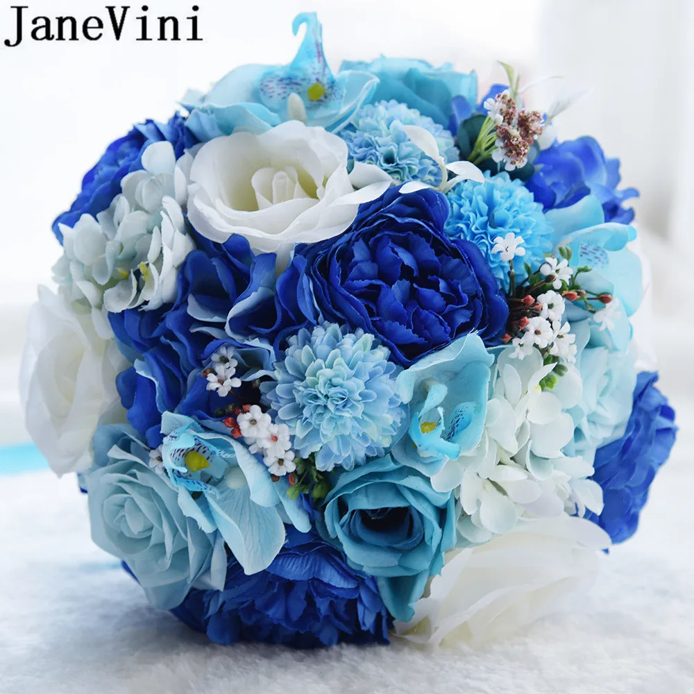 

JaneVini 2020 Blue Flower Bouquet Wedding Bouquets Bride Bridesmaid Artificial Silk Bridal Flowers pivoine artificielle mariage