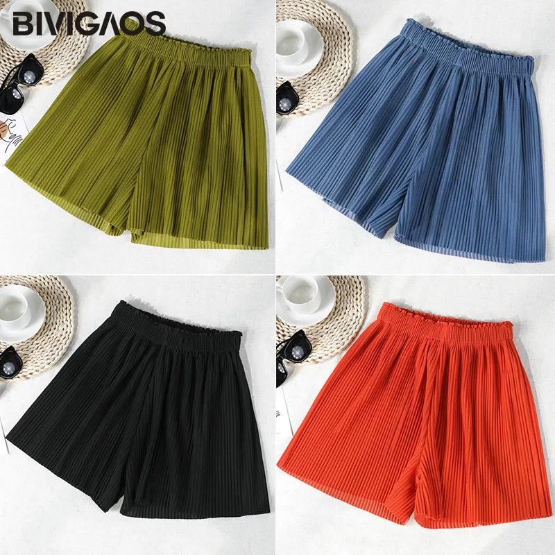 BIVIGAOS New Summer High Waist Shorts Women\'s Loose Wide Leg Shorts Sagging Casual Pleat Chiffon Shorts Lungewear Hotpants