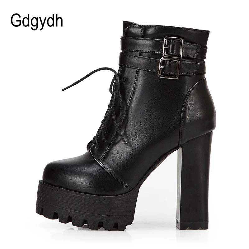 Gdgydh 2022 New Fashion PU Lacing High Heel Boots Women Thick With Belt Buckle Ankle Boots Square Heels Bare Foot Shoes White