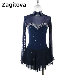 Navy Blue Red Figure Skating Dress For Women And Girls Long Sleeve Ice Figure Skating Clothes With Rhinestones