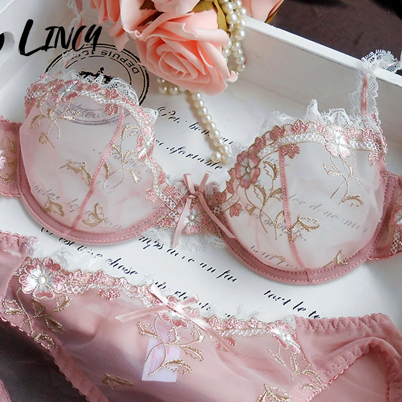 Sensual Woman Underwear Lingerie Set Cute Transparent Lace Push up Bra Underpants Bra for Women Ultra-thin Steel Ring Brassiere