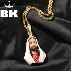 THE BLING KING Enamel Jesus Pendant Necklace Colorful Face Religious Charm Hip Hop Cubic Zirconia Hook Jewelry Birthday Gift