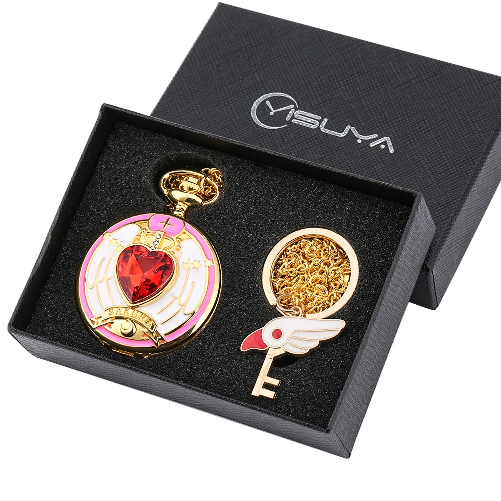 Pocket Watch Set for Girls Fashionable Card-captor Sakura Theme Pattern Key Ring Comfortable Gold Slim necklace for Women