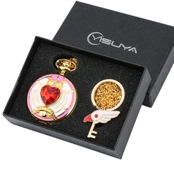 Conjunto de reloj de bolsillo para niñas, llavero con patrón de tema Sakura de captor de tarjeta a la moda, cómodo collar Delgado dorado para mujeres