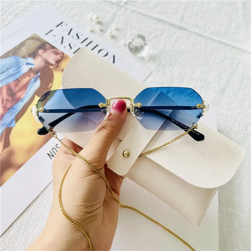 HBK Retro Polygon Sunglasses Rimless Man Blue Gradient Gold Metal Male Glasses Square Frameless Women High Quality Gift Items