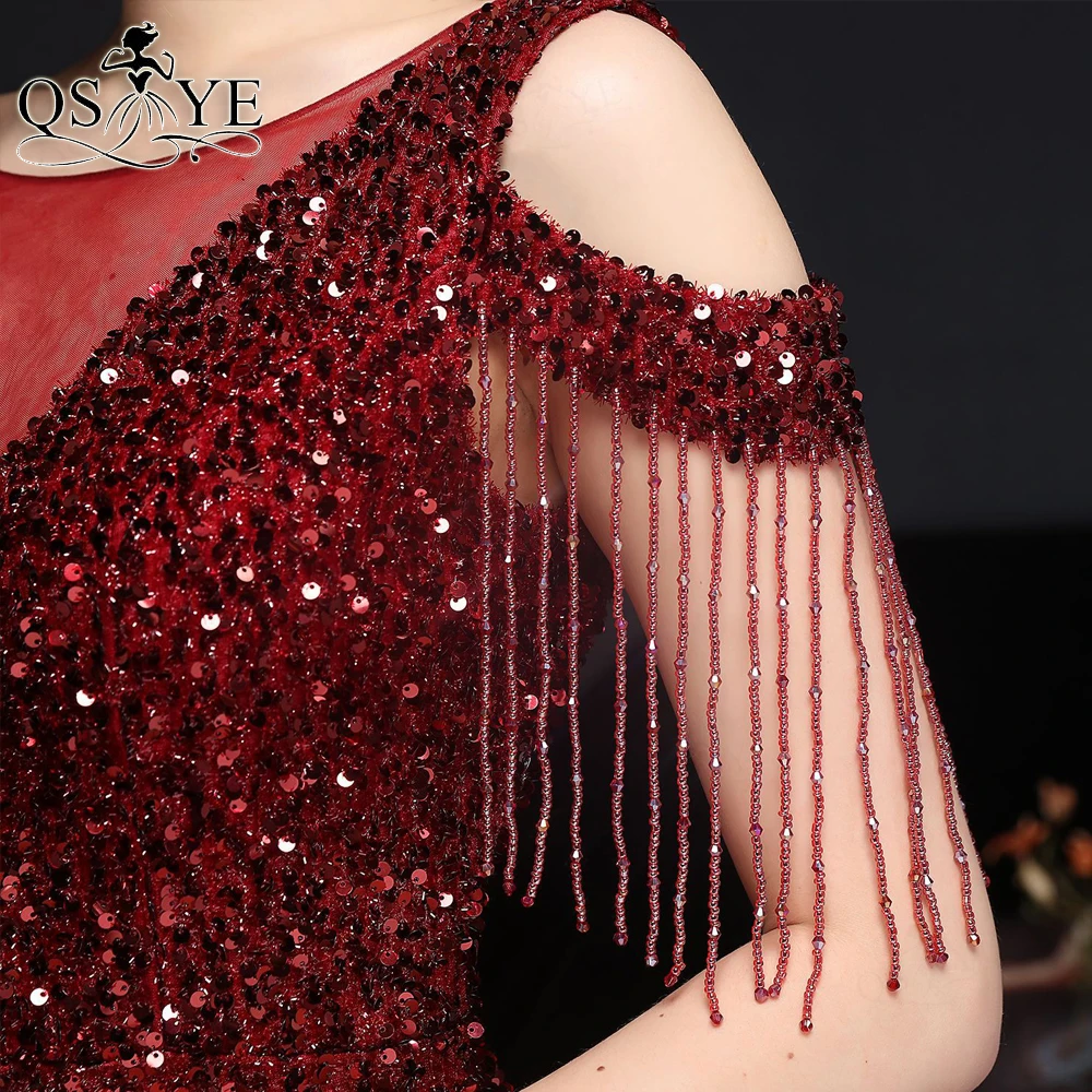 Beading Side Sleeves Burgundy Evening Dresses 2021 Long Sequin Prom Gown V Back Party Dress Scoop Neck Mermaid Women Formal Gown