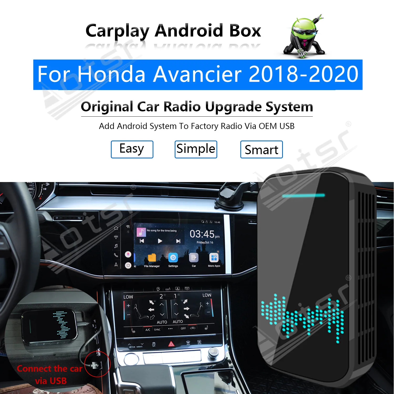 For Honda Avancier 2018-2020 Car Multimedia Player Android System Mirror Link Navi Map GPS Apple Carplay Wireless Dongle Ai Box