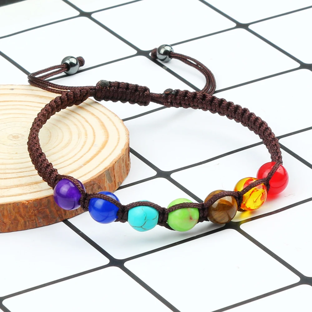 Pulsera de cuentas curativas de 7 Chakras para hombres y mujeres, brazaletes trenzados hechos a mano, joyería ajustable, cuentas de equilibrio de oración Reiki