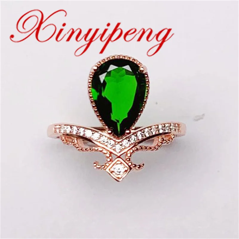 Xin Yipeng real S925 sterling silver plated  rose gold inlaid natural green diopside ring fine jewelry party gift for women