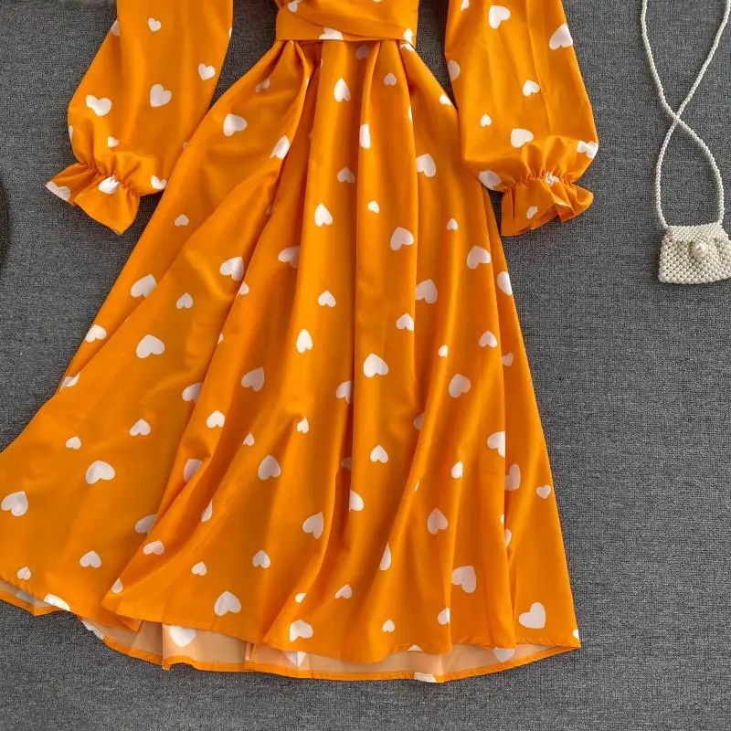 French Sim Spring Love Heart Print V Neck Bandage Dress Autumn Long Casual Women High Waist Vestido De Festa Elegant Vestidos