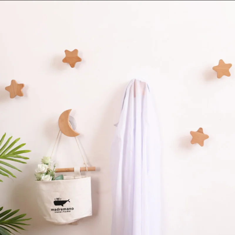 Nordic Solid Wood Beech Wall Hook Free Perforated Porch Sticky  Creative Hook Coat Hat Hanger Star Moon Home Hotel Decoration