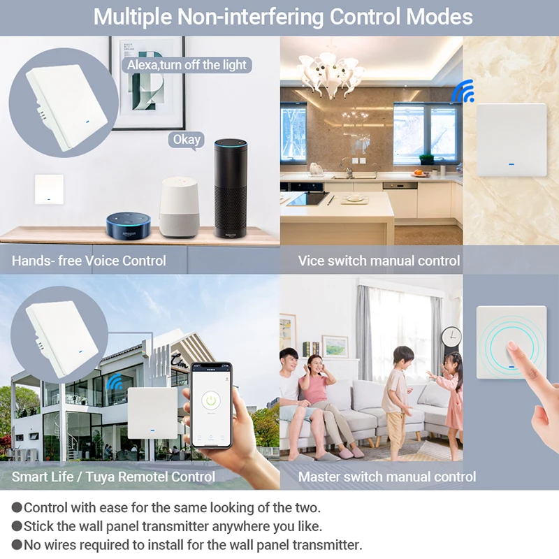 WiFi RF433 Smart Wall Light Switch,No Neutral Wireless Transmitter ,Tuya APP Control Alexa Google Home Compatible 1/2/3 Gang