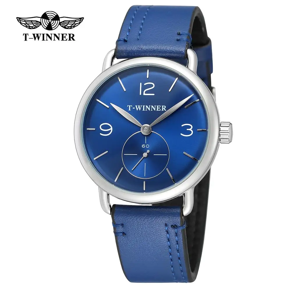 T-WINNER Simple casual men\'s and women\'s watches with blue dial and leather strap automatic mechanical watch