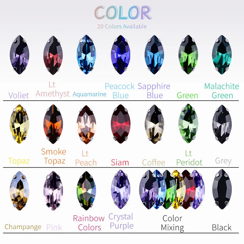 24 color Navette sew on rhinestones horse eye shape silver paw marquise wedding dress accessories bag trim